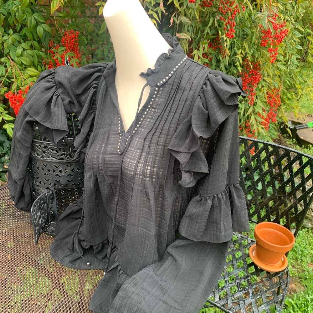 Free Generation ruffle front pirate black chiffon style sheer blouse top - Picture 1 of 15